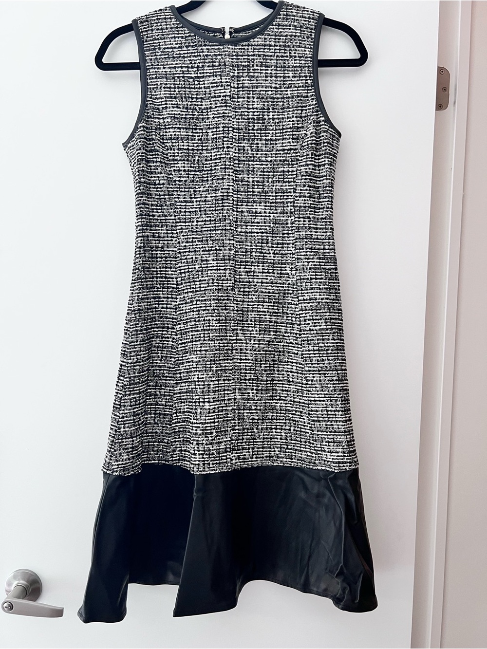Sleeveless Black & White Tweed Flounce Dress with vegan leather trim